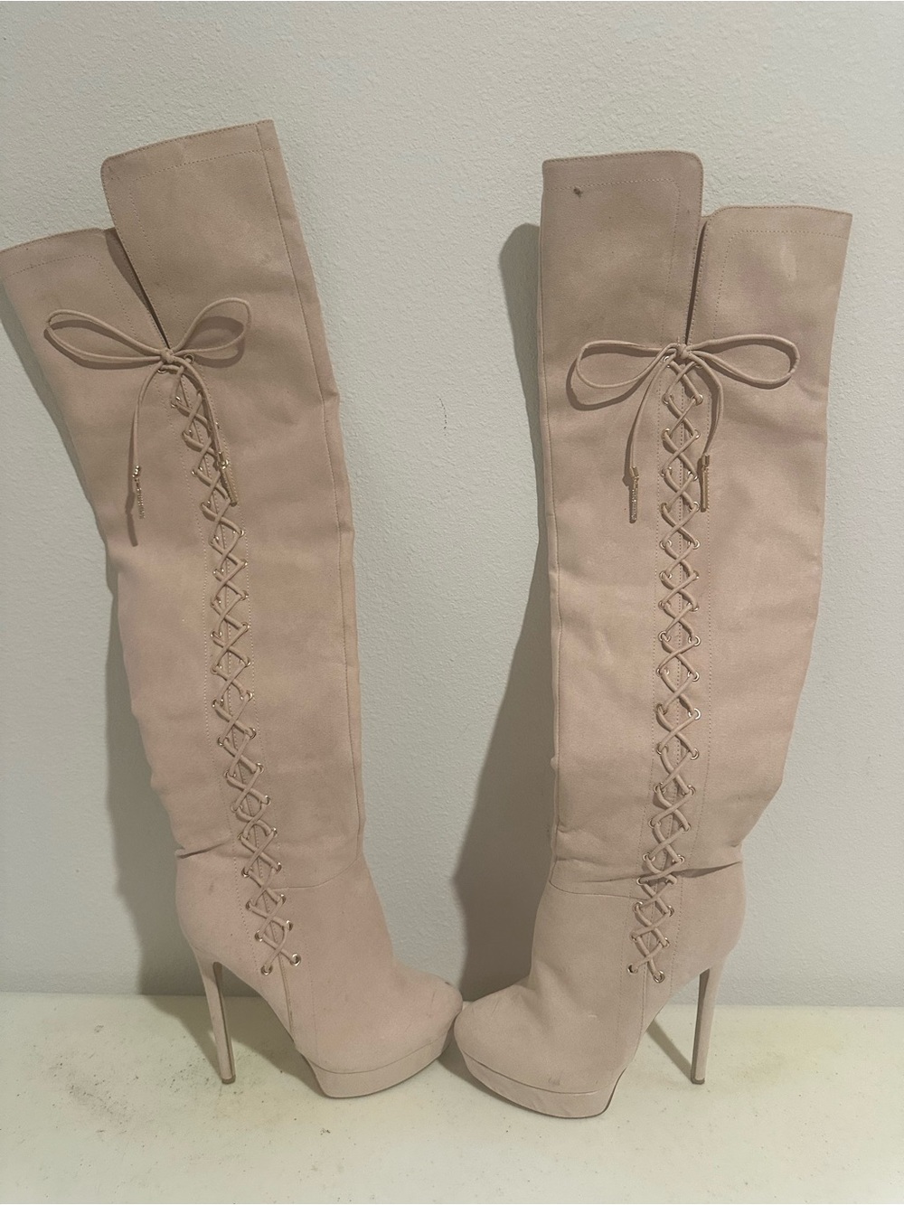 Shoe Dazzle Blush Lace-Up Over-the-Knee Stiletto Boots